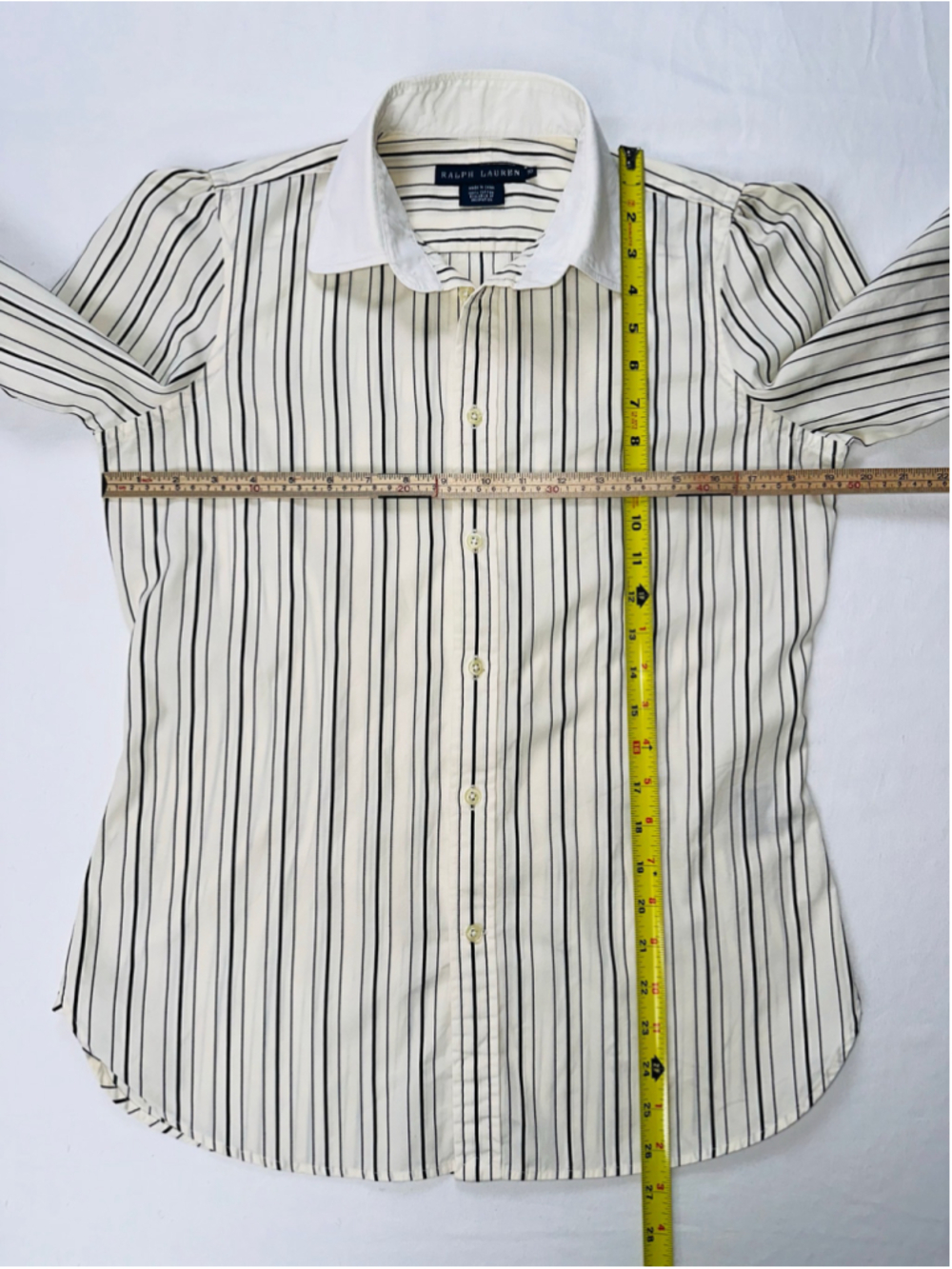 Ralph Lauren Women’s Black Ivory Stripe Cotton Puff Sleeve Button Down Shirt 10 - Picture 3 of 14